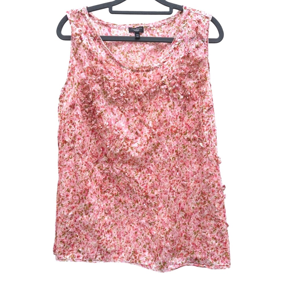 Talbots Floral Tank Top 3D Petal Applique Pink Size 14W Sleeveless Cotton Shell‎